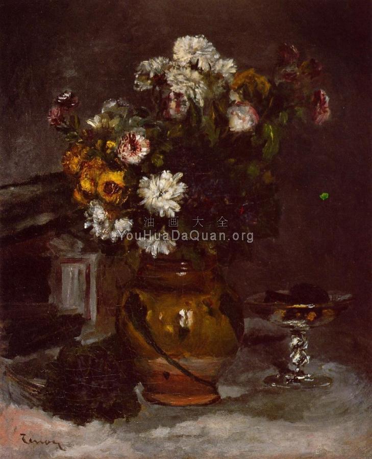 Flowers in a Vase and a Glass of Champagne - 皮埃尔·奥古斯特·雷诺阿
